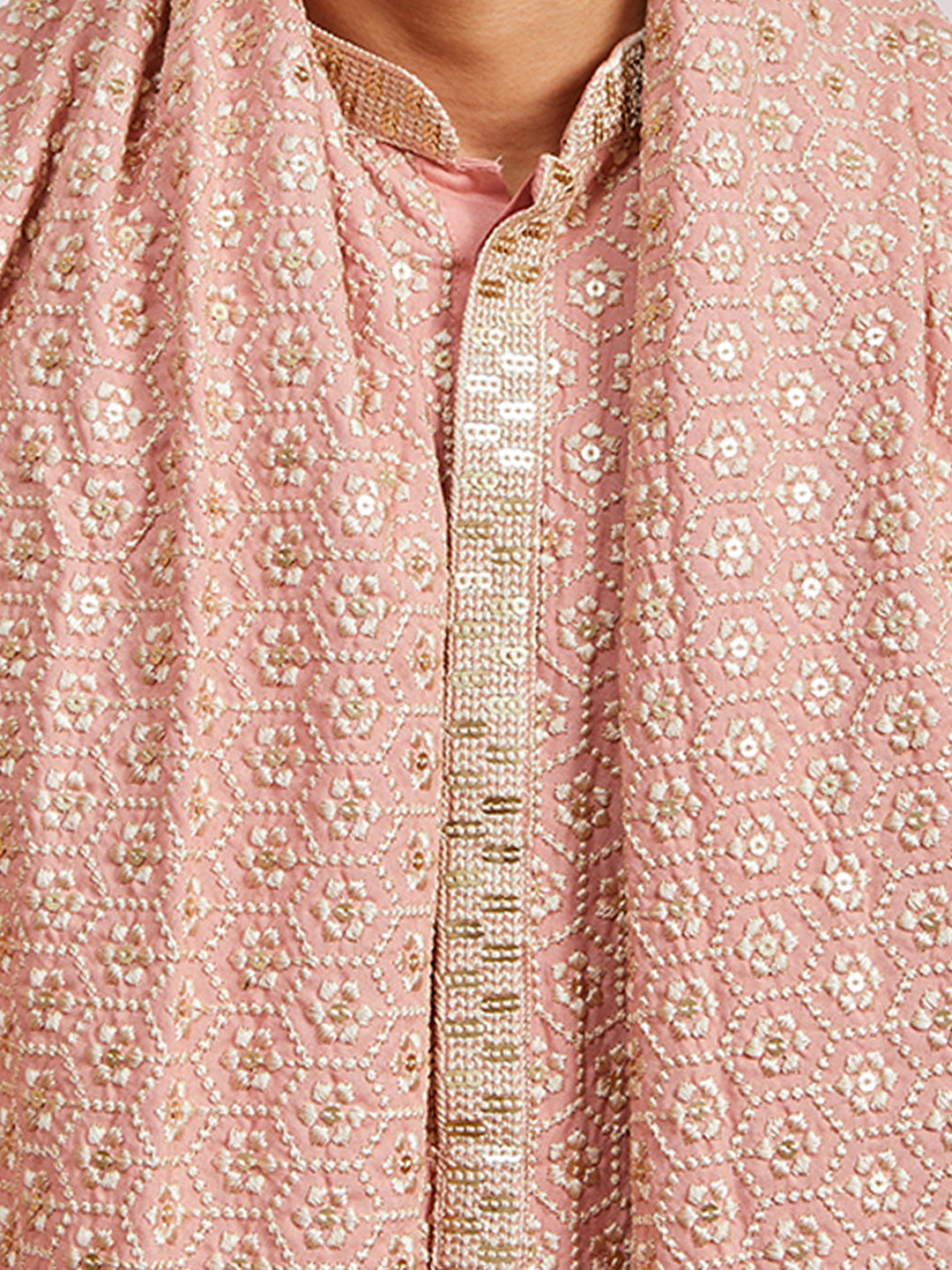 Men's Peach Geometric Printed Zari Work Thigh-Length Kurta with Pyjama and Dupatta