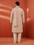 Men's Peach Geometric Printed Zari Work Thigh-Length Kurta with Pyjama and Dupatta