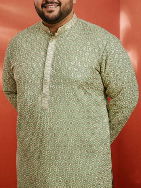 Men's Pista Green Sequin Kurta with Cream Trousers