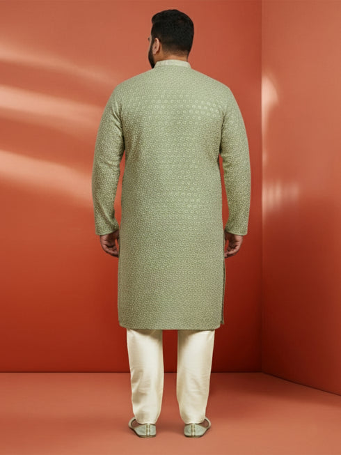 Men's Pista Green Sequin Kurta with Cream Trousers