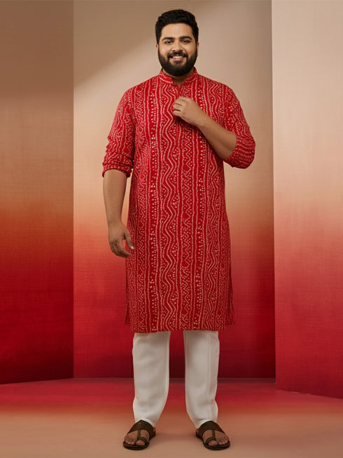 Men's Red Bandhani Kurta