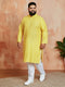 Men's Yellow Cotton Lehariya Print Kurta with Cream Pyjama Set
