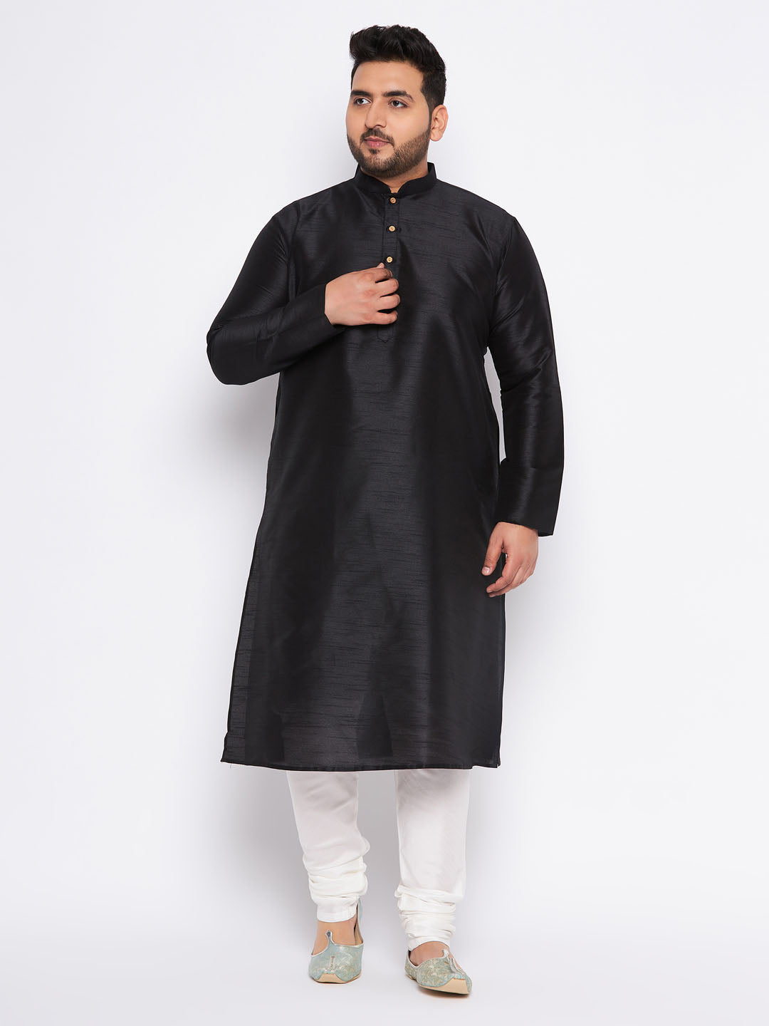 Men's Plus Size Black Cotton Silk Blend Kurta And Cream Pyjama Set
