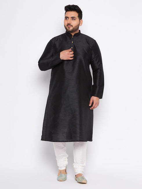 Men's Plus Size Black Cotton Silk Blend Kurta And Cream Pyjama Set