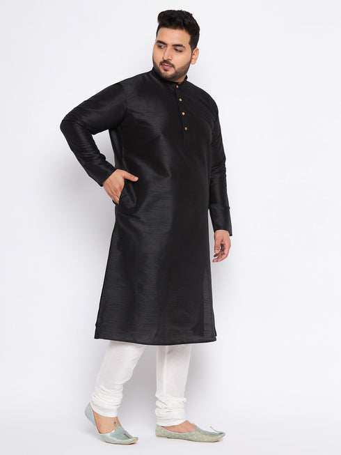 Men's Plus Size Black Cotton Silk Blend Kurta And Cream Pyjama Set