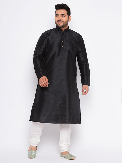 Men's Plus Size Black Cotton Silk Blend Kurta And Cream Pyjama Set