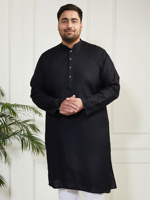 Plus Men's Black Cotton Linen Kurta