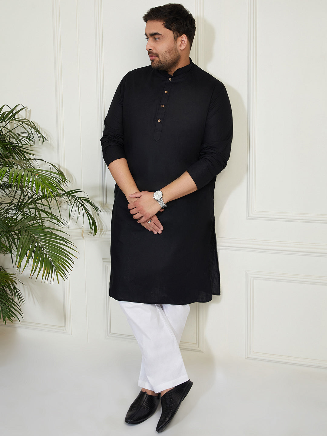 Plus Men's Black Cotton Linen Kurta Pyjama Set