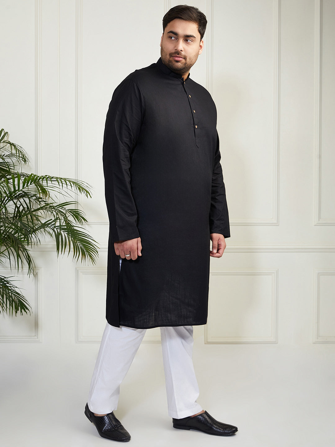 Plus Men's Black Cotton Linen Kurta Pyjama Set