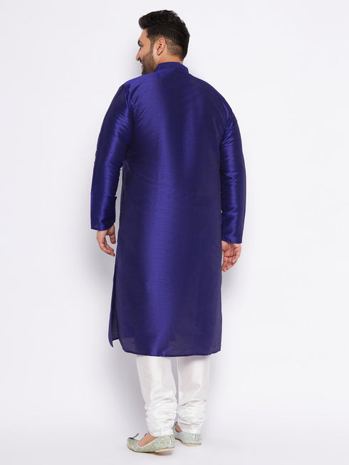 Men's Plus Size Dark Blue Silk Blend Kurta And White Pyjama Set