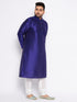 Men's Plus Size Dark Blue Silk Blend Kurta And White Pyjama Set