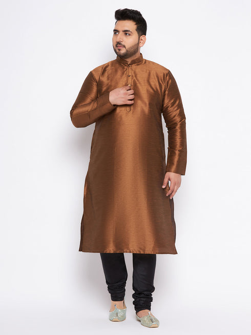 Men's Plus Size Coffee Brown Silk Blend Kurta And Black Pyjama Set