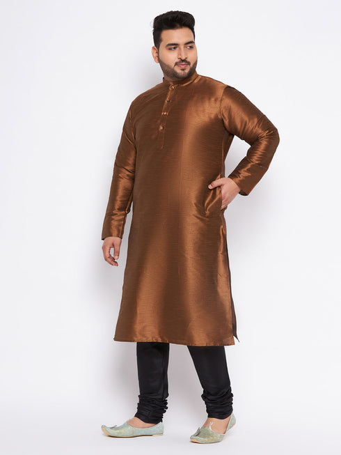 Men's Plus Size Coffee Brown Silk Blend Kurta And Black Pyjama Set