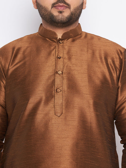 Men's Plus Size Coffee Brown Silk Blend Kurta And Black Pyjama Set