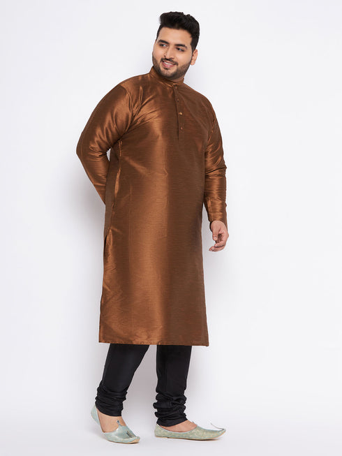 Men's Plus Size Coffee Brown Silk Blend Kurta And Black Pyjama Set