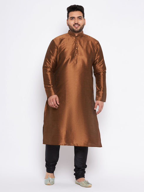 Men's Plus Size Coffee Brown Silk Blend Kurta And Black Pyjama Set