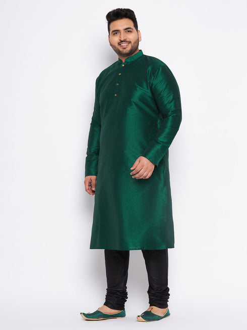 Men's Plus Size Green Silk Blend Kurta And Black Pyjama Set