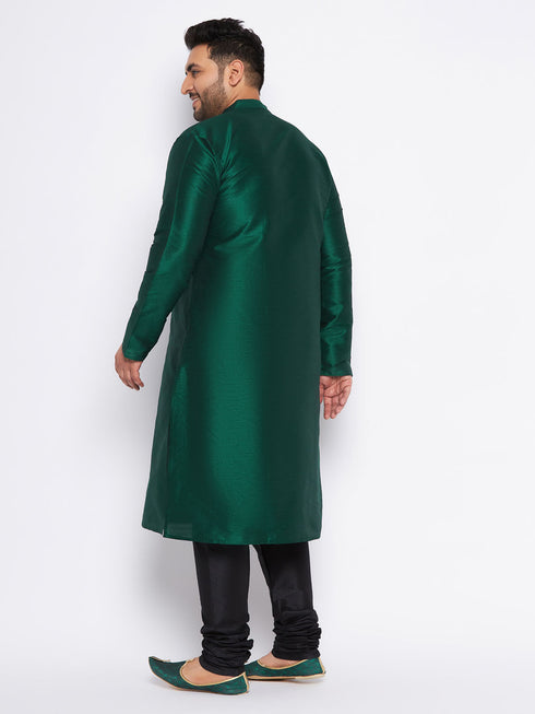 Men's Plus Size Green Silk Blend Kurta And Black Pyjama Set