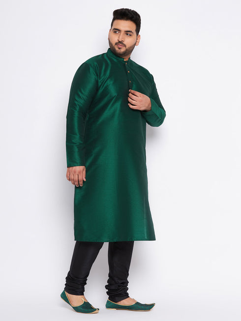 Men's Plus Size Green Silk Blend Kurta And Black Pyjama Set