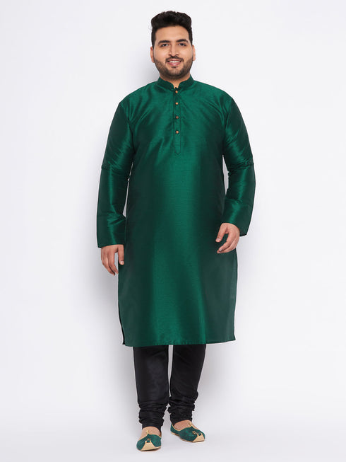 Men's Plus Size Green Silk Blend Kurta And Black Pyjama Set