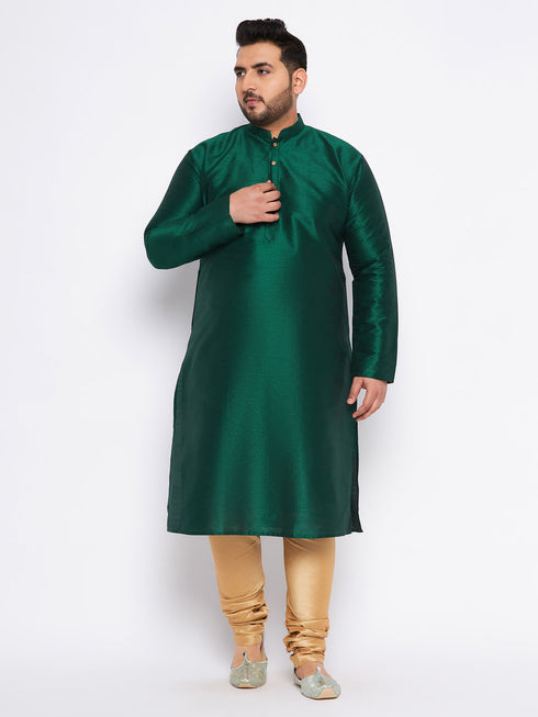 Men's Plus Size Green Silk Blend Kurta And Rose Gold Pyjama Set