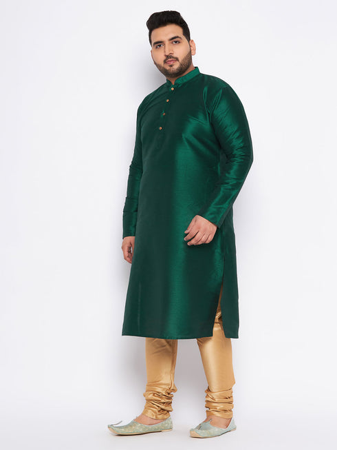 Men's Plus Size Green Silk Blend Kurta And Rose Gold Pyjama Set