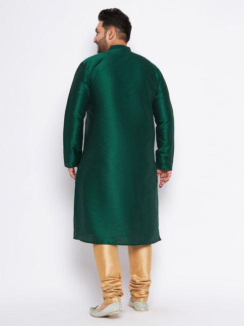 Men's Plus Size Green Silk Blend Kurta And Rose Gold Pyjama Set