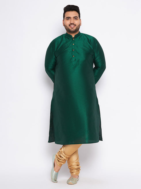 Men's Plus Size Green Silk Blend Kurta And Rose Gold Pyjama Set