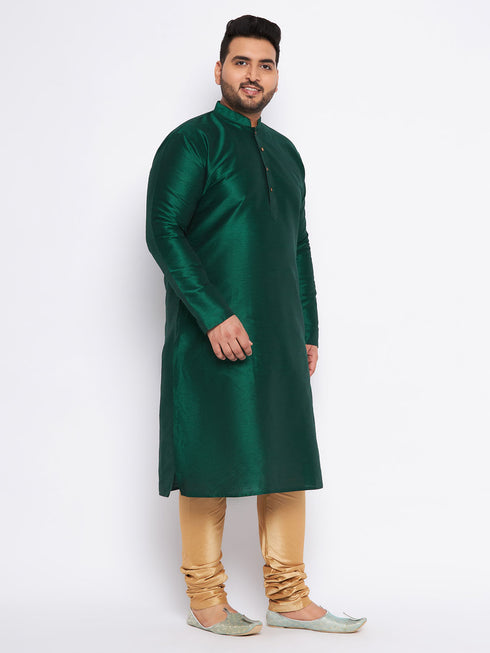 Men's Plus Size Green Silk Blend Kurta And Rose Gold Pyjama Set