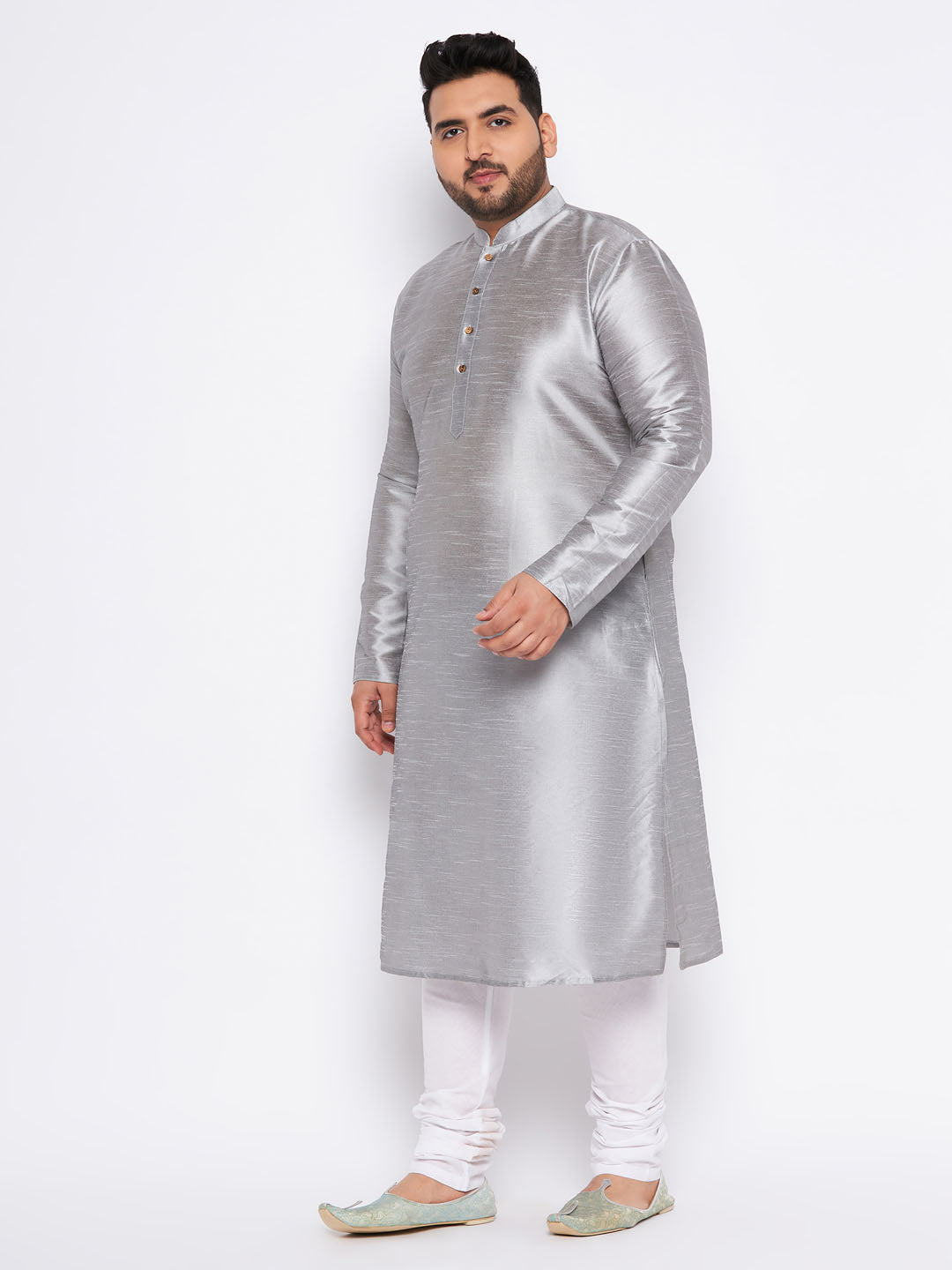 Men's Plus Size Grey Kurta And White Pyjama Set