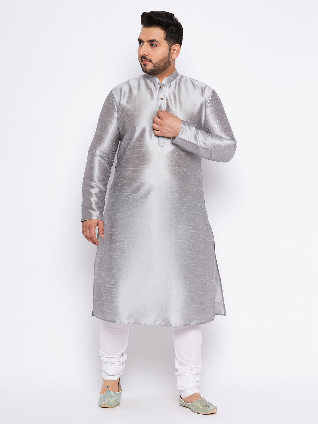 Men's Plus Size Grey Kurta And White Pyjama Set