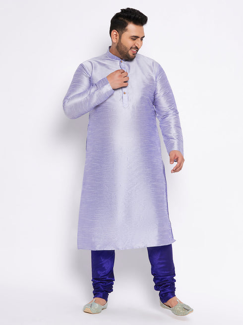 Men's Plus Size Lavender Silk Blend Kurta And Blue Pyjama Set