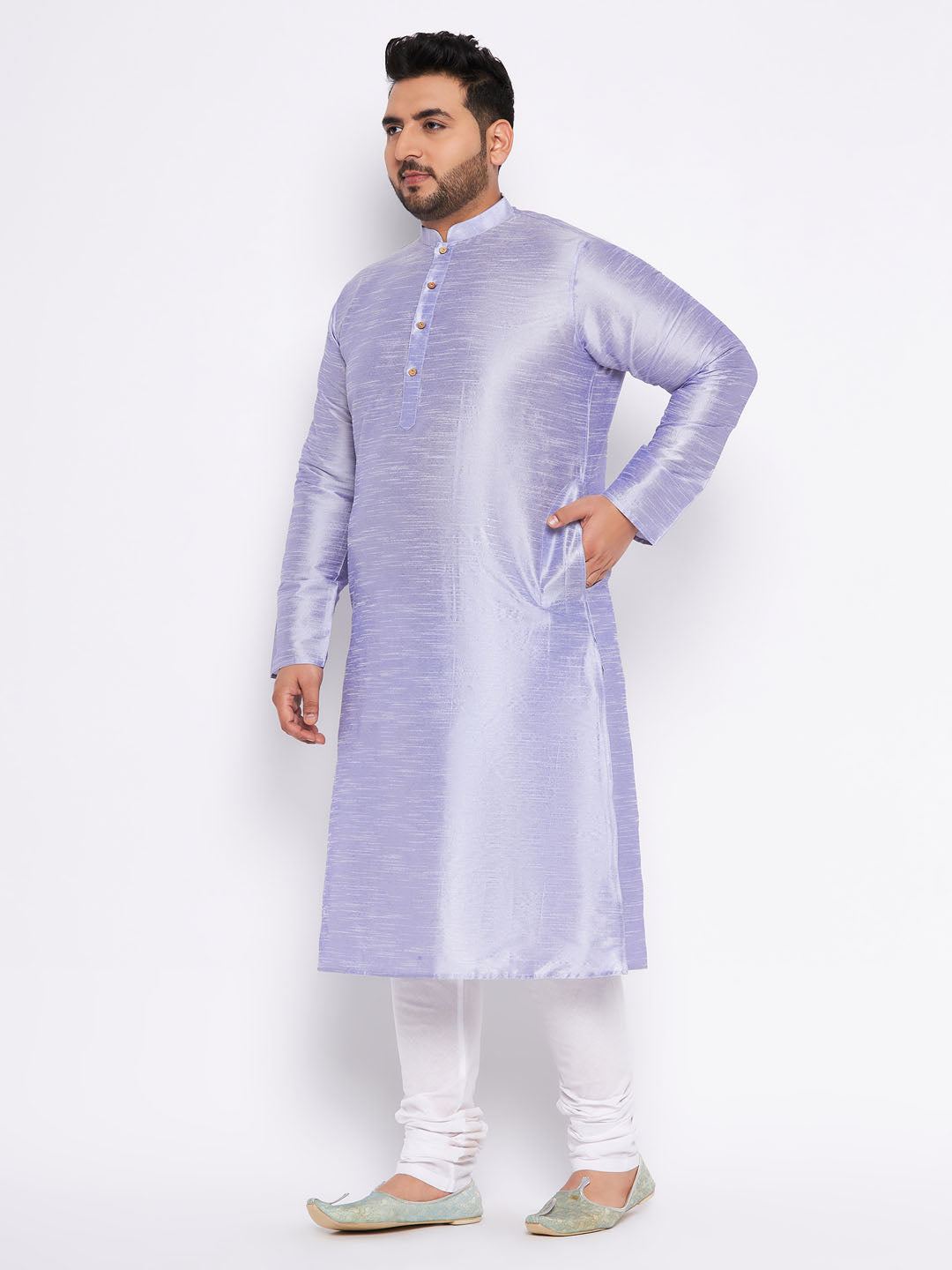 Men's Plus Size Lavender Silk Blend Kurta And White Pyjama Set