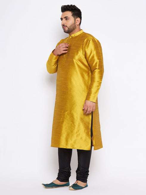 Men's Plus Size Mustard Silk Blend Kurta And Black Pyjama Set