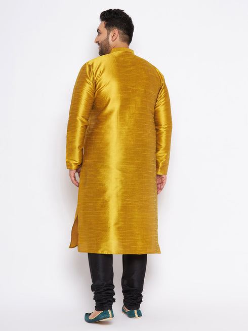 Men's Plus Size Mustard Silk Blend Kurta And Black Pyjama Set