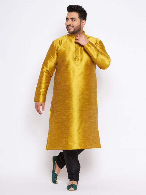 Men's Plus Size Mustard Silk Blend Kurta And Black Pyjama Set