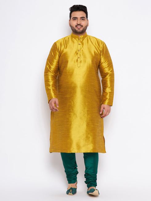 Men's Plus Size Mustard Silk Blend Kurta And Green Pyjama Set