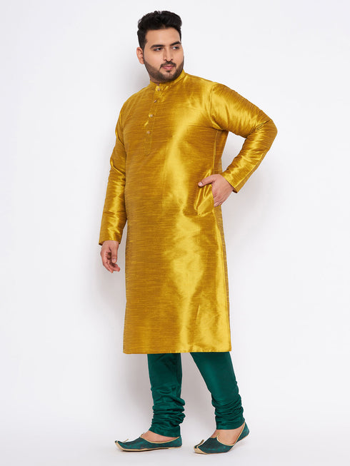 Men's Plus Size Mustard Silk Blend Kurta And Green Pyjama Set