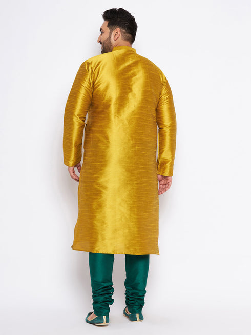 Men's Plus Size Mustard Silk Blend Kurta And Green Pyjama Set