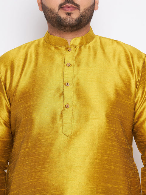 Men's Plus Size Mustard Silk Blend Kurta And Green Pyjama Set