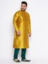 Men's Plus Size Mustard Silk Blend Kurta And Green Pyjama Set