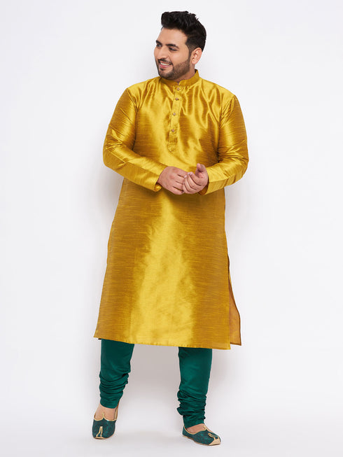 Men's Plus Size Mustard Silk Blend Kurta And Green Pyjama Set