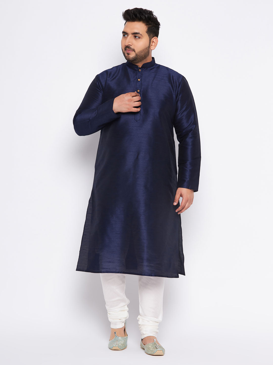 Men's Plus Size Navy Blue Silk Blend Kurta And Cream Pyjama Set
