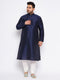 Men's Plus Size Navy Blue Silk Blend Kurta And Cream Pyjama Set