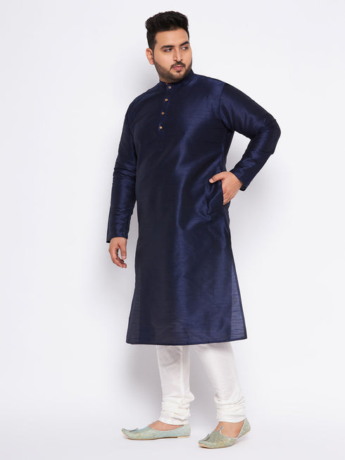 Men's Plus Size Navy Blue Silk Blend Kurta And Cream Pyjama Set