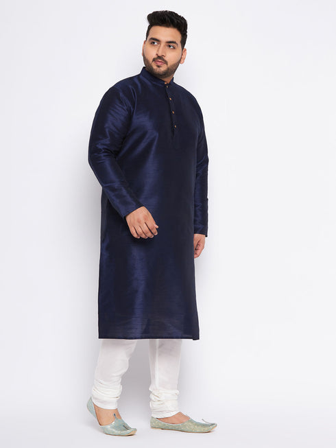 Men's Plus Size Navy Blue Silk Blend Kurta And Cream Pyjama Set
