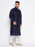 Men's Plus Size Navy Blue Silk Blend Kurta And Cream Pyjama Set