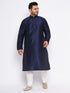 Men's Plus Size Navy Blue Silk Blend Kurta And Cream Pyjama Set
