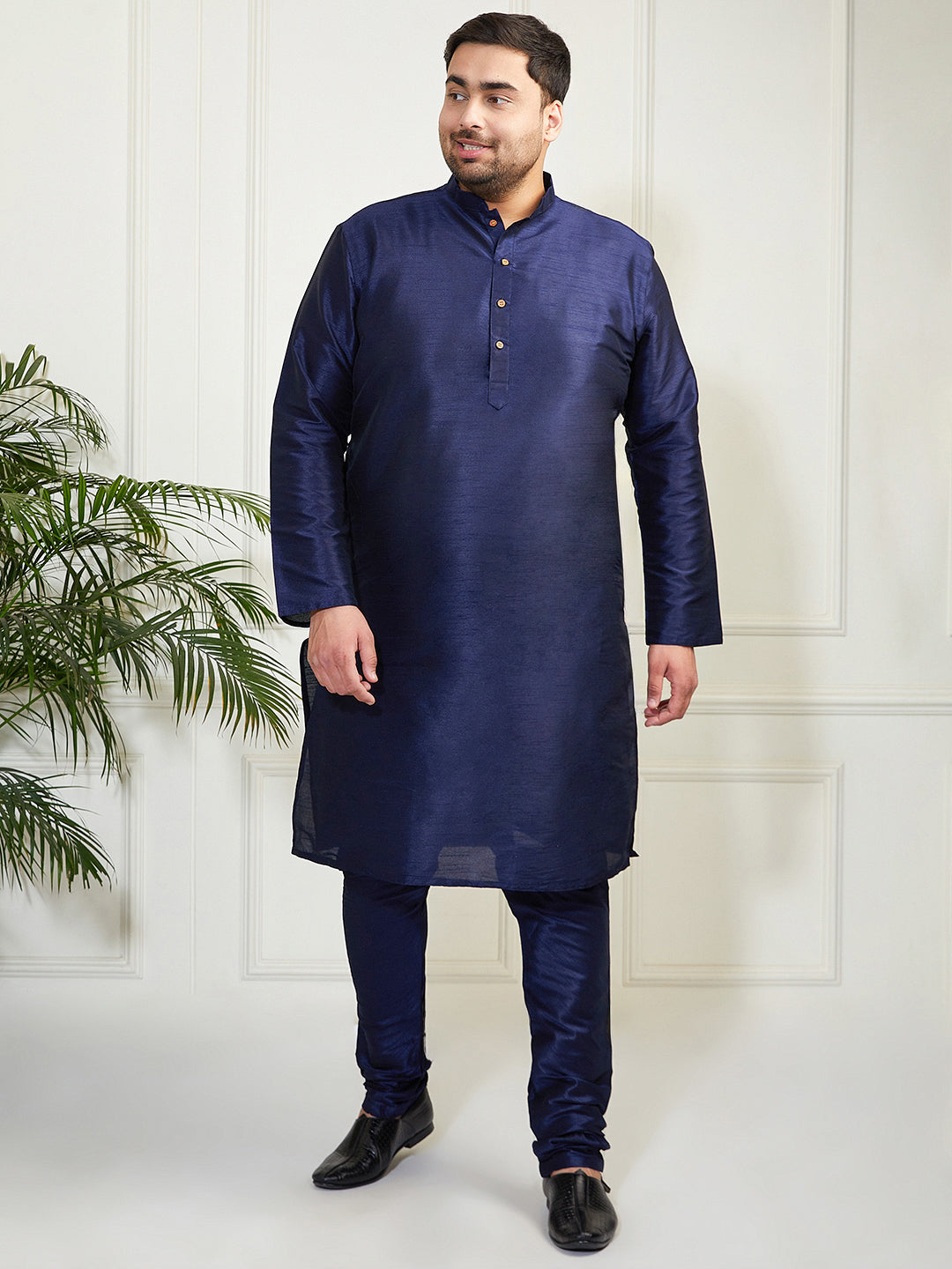 Plus Men's Navy Blue Silk Blend Kurta Pyjama Set