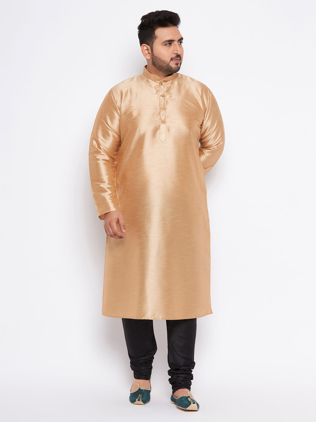 Men's Plus Size Rose Gold Silk Blend Kurta And Black Pyjama Set